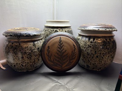 Set Of 3 Kitchen Canisters Studio Pottery W Fern Motif Cottagecore Signed Handma