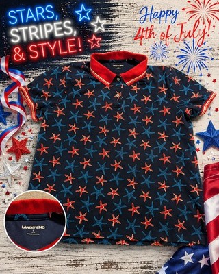 Lands' End Men's L Blue/Red Starfish Print Polo Short Sleeve Collared July 4th