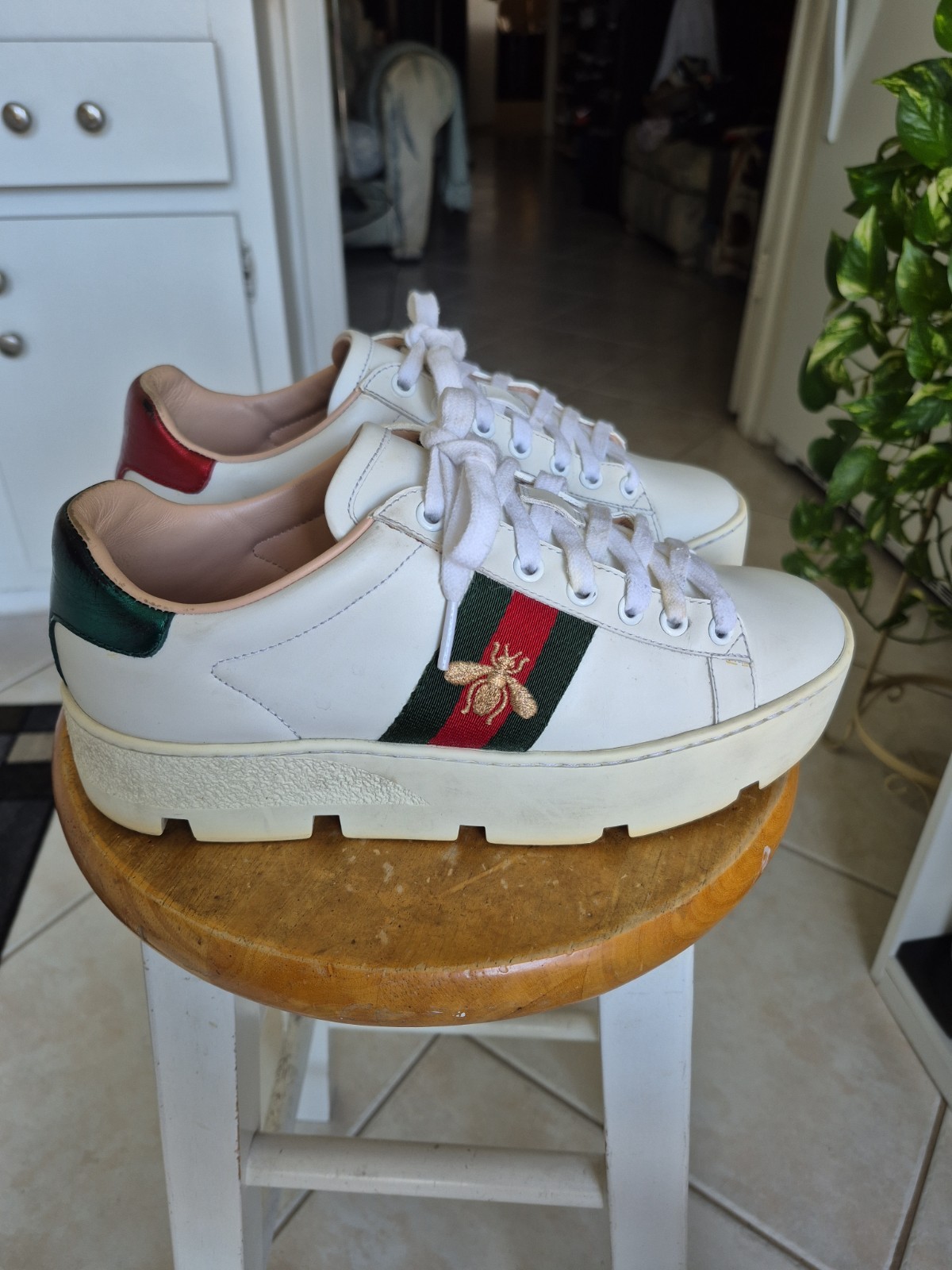 Gucci 577573 Ace Platform Sneakers Bee Web White Leather Womens Sz 36.5 image 5