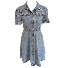 Shein Puff-Sleeve Button-Front Denim A-Line Shirt Dress Women's XS (2) Excellent
