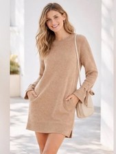 Madewell Beige Merino Wool Bow Sleeve Sweater Dress M Crew Neck Mini