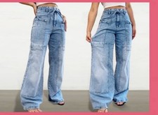 -NWT-Flamingals Wide Leg Jeans Drawstring Mid Waist Baggy Belted Size Large