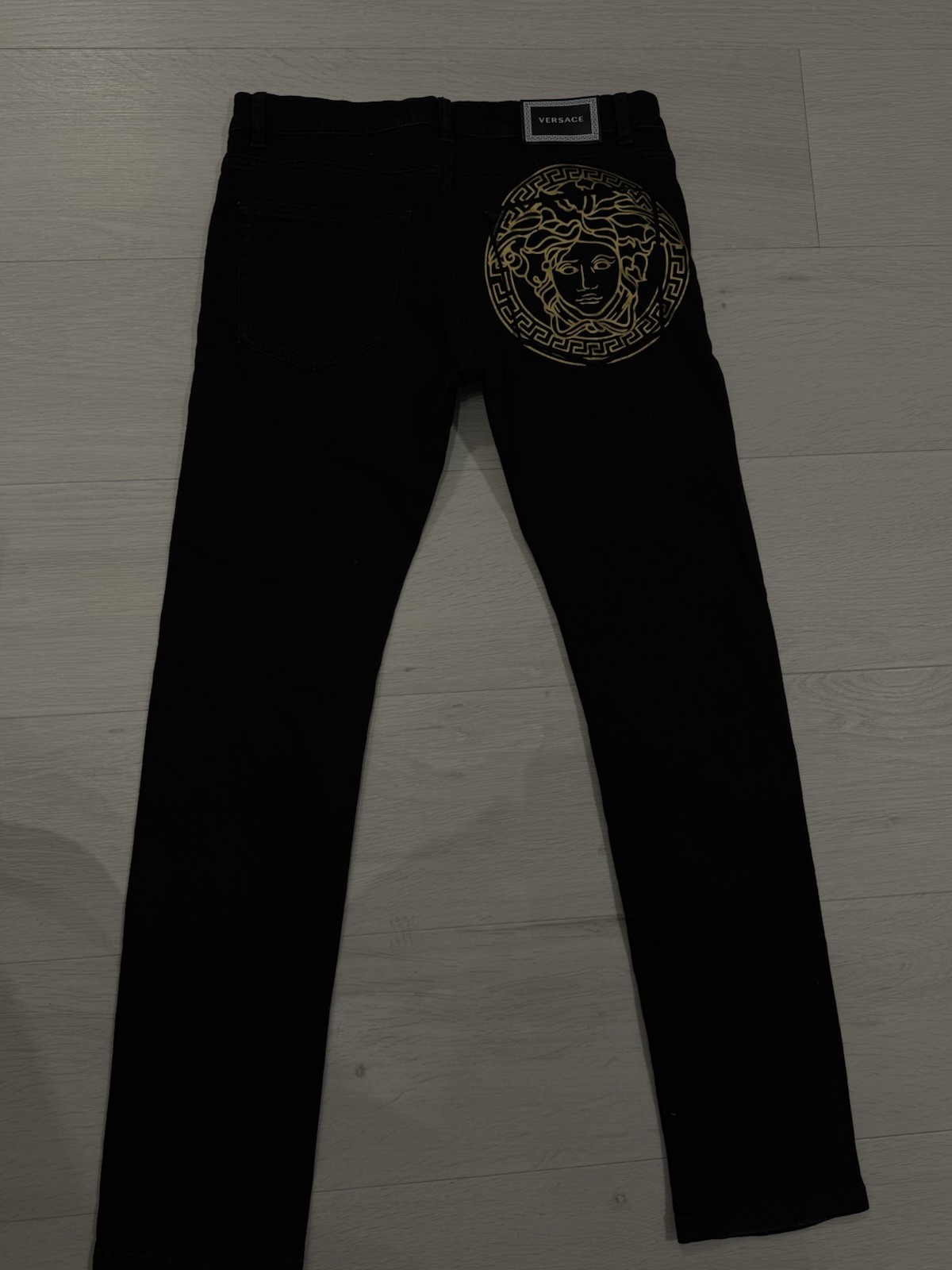 Versace Black Jeans Tailor Fit Medusa Gold Logo Print Back Pocket - Size - 32