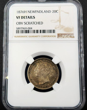 20 Cents 1876 H D : G : REG Birmingham Queen Victoria Newfoundland Canada VF NGC