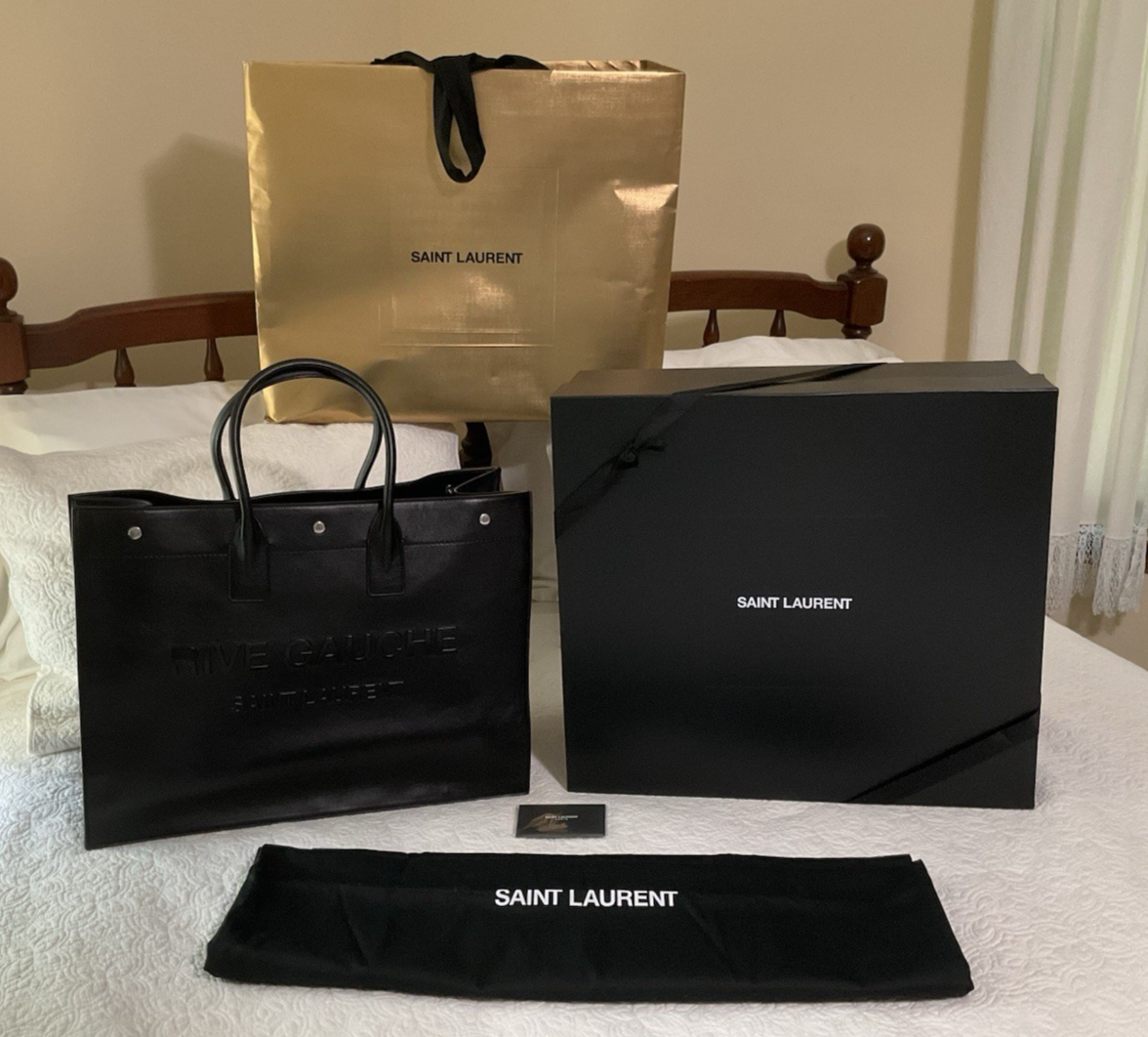 Borsa grande nuova con scatola Saint Laurent Rive Gauche in pelle liscia nera prezzo al pubblico consigliato $2400