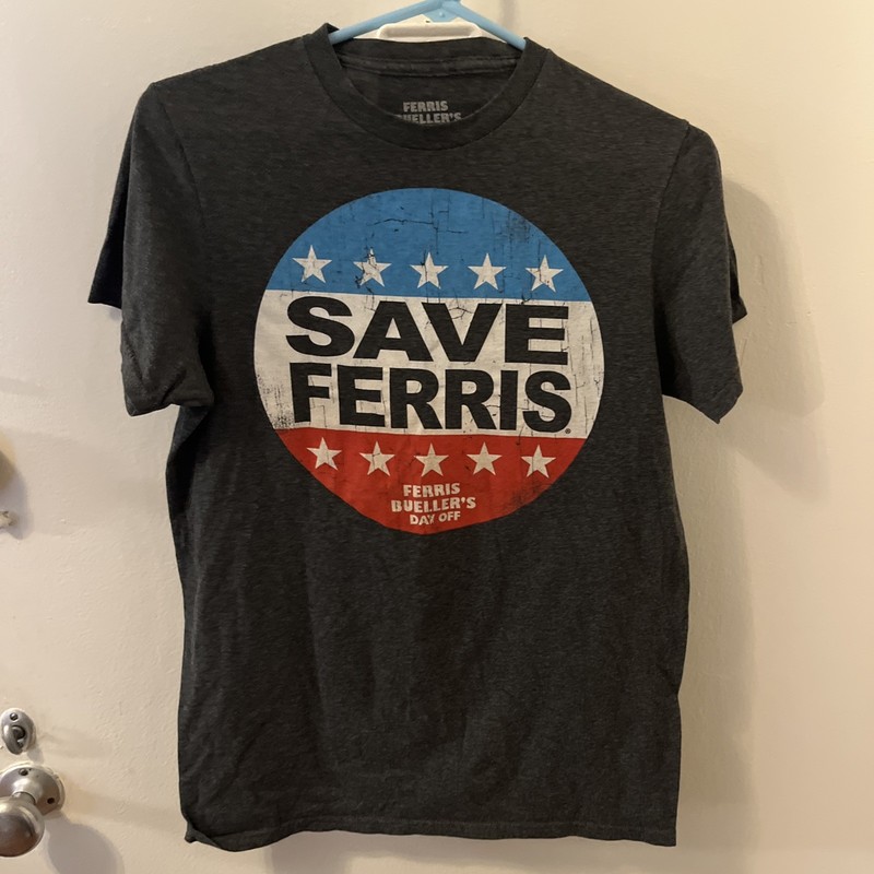 Save Ferris Buellers Day Off Adult T-Shirt Small Gray Button Graphic SS K1a