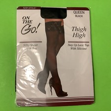 New ON THE GO Thigh High Women  s Size Queen Black Silky Sheer Leg  Toe