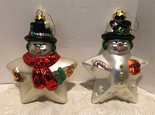 2 Large Glass Snowman/Star Christmas Tree Ornaments - 5" wide