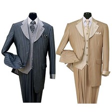 Men's wool feel three pieces 4 button suit. Jacket collar match vest stripe 2911
