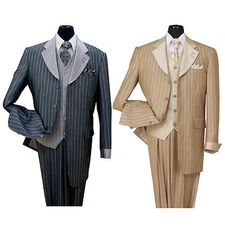 Men's wool feel three pieces 4 button suit. Jacket collar match vest stripe 2911