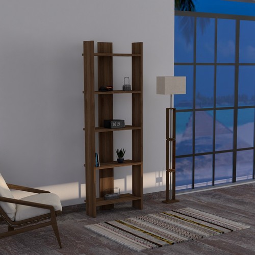 KayRana Virba Walnut Colour 5 Tier Slimline Open Shelves Bookshelf Storage - Picture 2 of 5