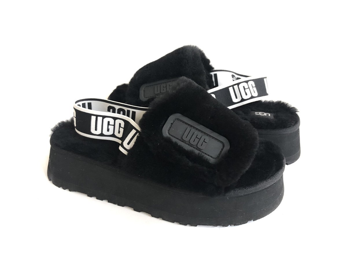 UGG FLUFF YEAH DISCO SLIDE BLACK STRAP SHEARLING SANDALS US 8 / EU