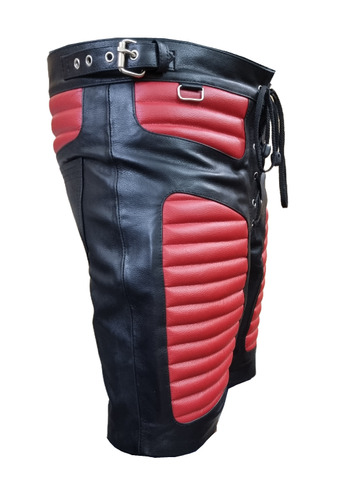 Herren Echtleder Shorts schwarz & rot Leder Shorts mit vorne Schnürverschluss - Bild 2 von 5