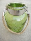 Green Glass Jar In Stone Design With Hanging Jute Rope