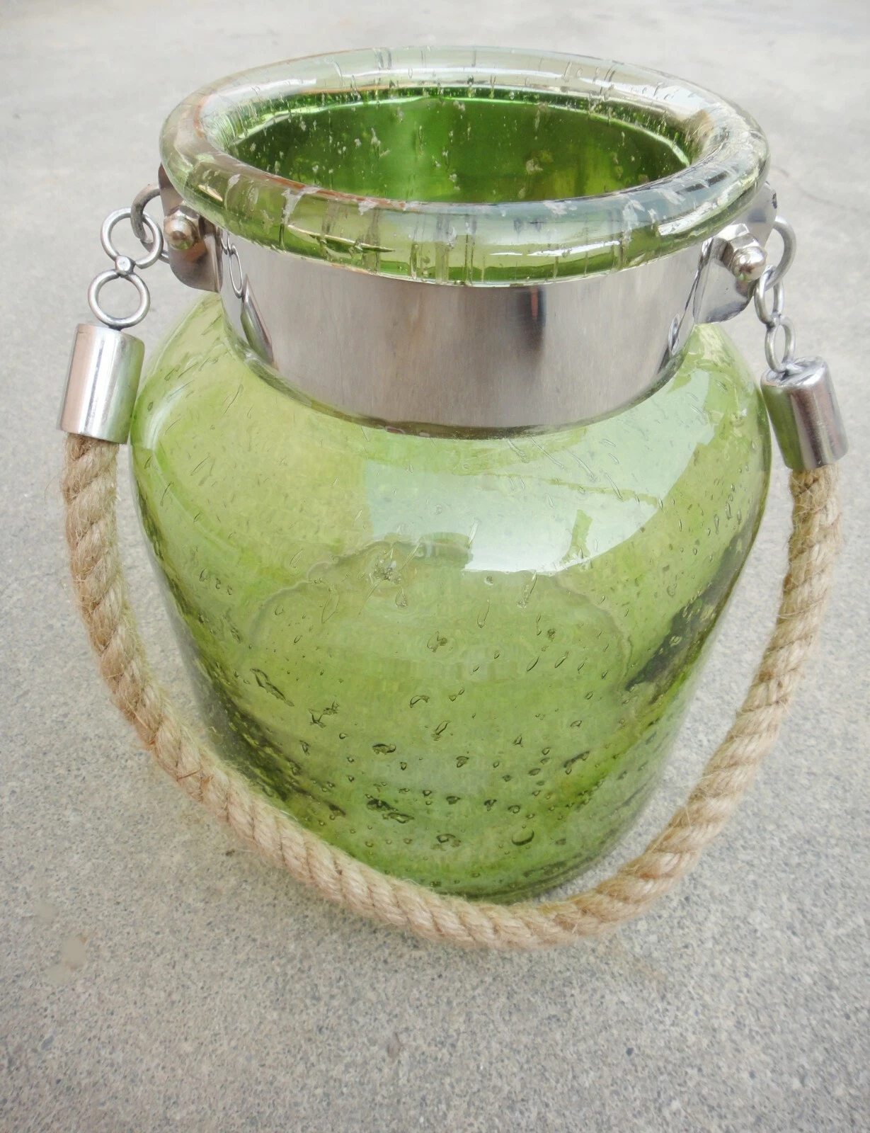 Green Glass Jar In Stone Design With Hanging Jute Rope