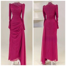Fuchsia Evening Dress Long Sleeves Crystals High Collar Modest Evening Gowns HOT