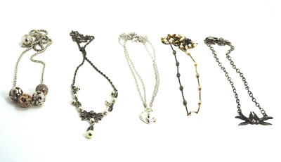 Lot of 5 Sterling Silver Necklaces - Heart Lock & Key, Doves, CZ, Bead Ball