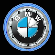 19" BMW Sign Blue Double Neon Clock Garage Chrome Finish Bavarian Motor Works