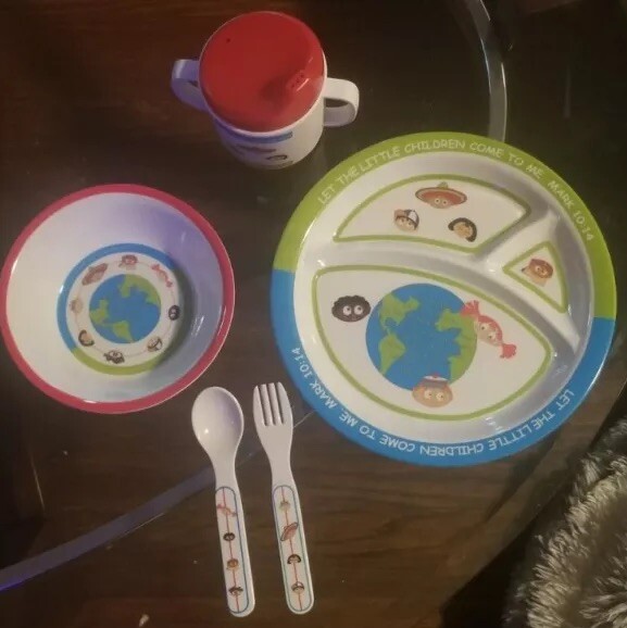 Melamine Ware kids Bible Verse Dish set - Divider Plate Utensils Sippy Cup Bowl