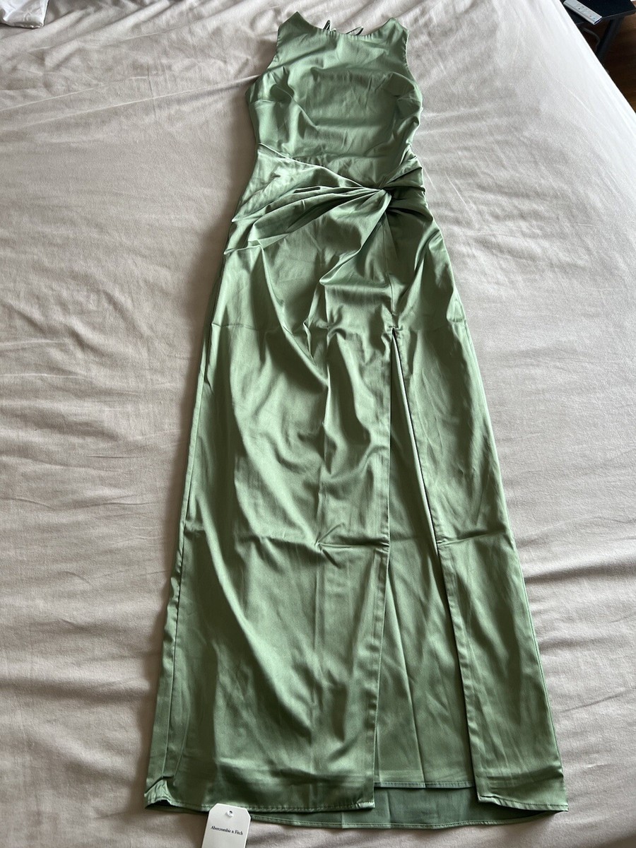 Abercrombie & Fitch Draped Wrap Skirt Maxi Dress Satin Sleeveless Slit Green S Abercrombie & Fitch Draped Wrap Skirt Maxi Dress Satin Sleeveless Slit Green S