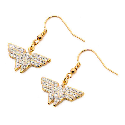 Wonder Woman Gold Plated Gem Logo Symbol Dangle Earrings Ear Rings