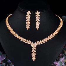Leaf Dangle Drop Party Earring Necklace CZ Gold Wedding Jewelry Set for Brides