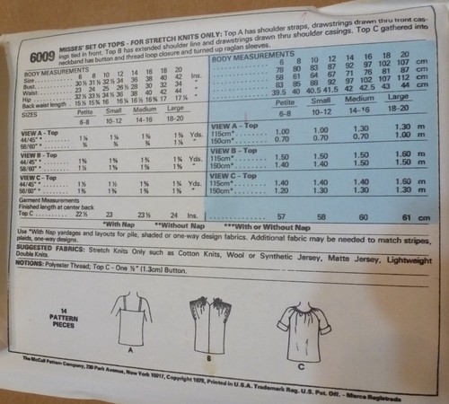 McCalls 6009 Misses Small Stretch Knit tops Short sleeve and sleeveless - Picture 2 of 2
