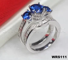 Three Stone Blue CZ Journey Sterling Silver 925 Engagement & Wedding Rings