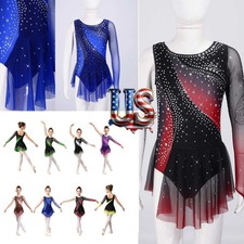 US Girls Lyrical Dress Shiny Rhinestone Figure Ice Skating Ballet Leotard Dress
