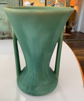 Camark Pottery Double Handle Vase Lovely Matte Green Drip Glaze Arts & Crafts