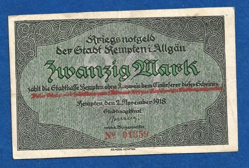 04 186 emergency money city of Kempten I. Allgäu 20 Mark, 2.11.1918