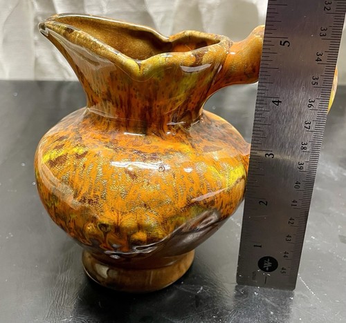 Vintage Cal Style 1108 Pottery Pitcher, Orange, Brown And Yellow Drip Glaze - Picture 7 of 9