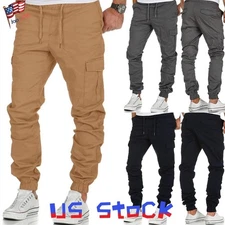 Mens Elastic Waist Cargo Combat Work Trousers Casual Cuffed Joggers Long Pants