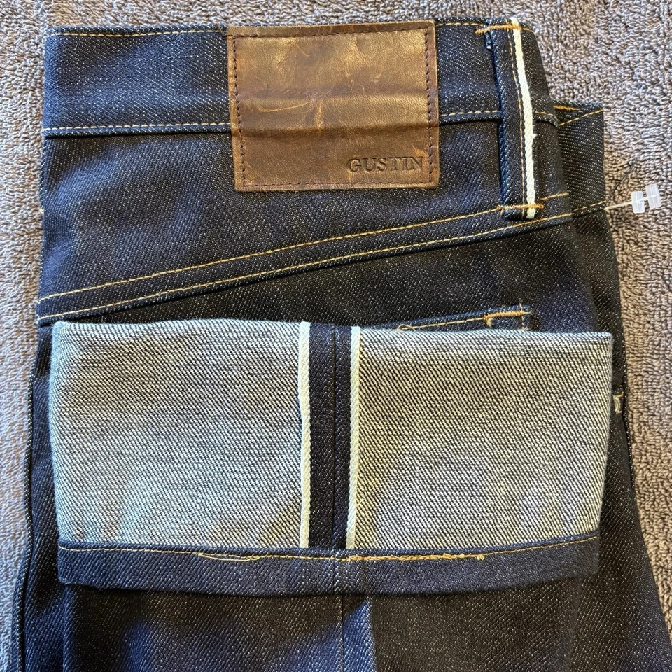 Pantalones de mezclilla Gustin #20 Heavy Japan ribete crudo 15,0 OZ rectos 35x33 botón mosca Foto 2 de 4