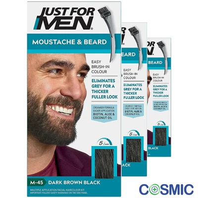 3 X Just For Men Moustache & Beard Brush-In Colour Gel Dark Brown Black M-45
