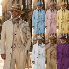 Linen Men's Suits Wedding Tuxedo Outdoor Casual Beach Summer Long Coat 3Pieces