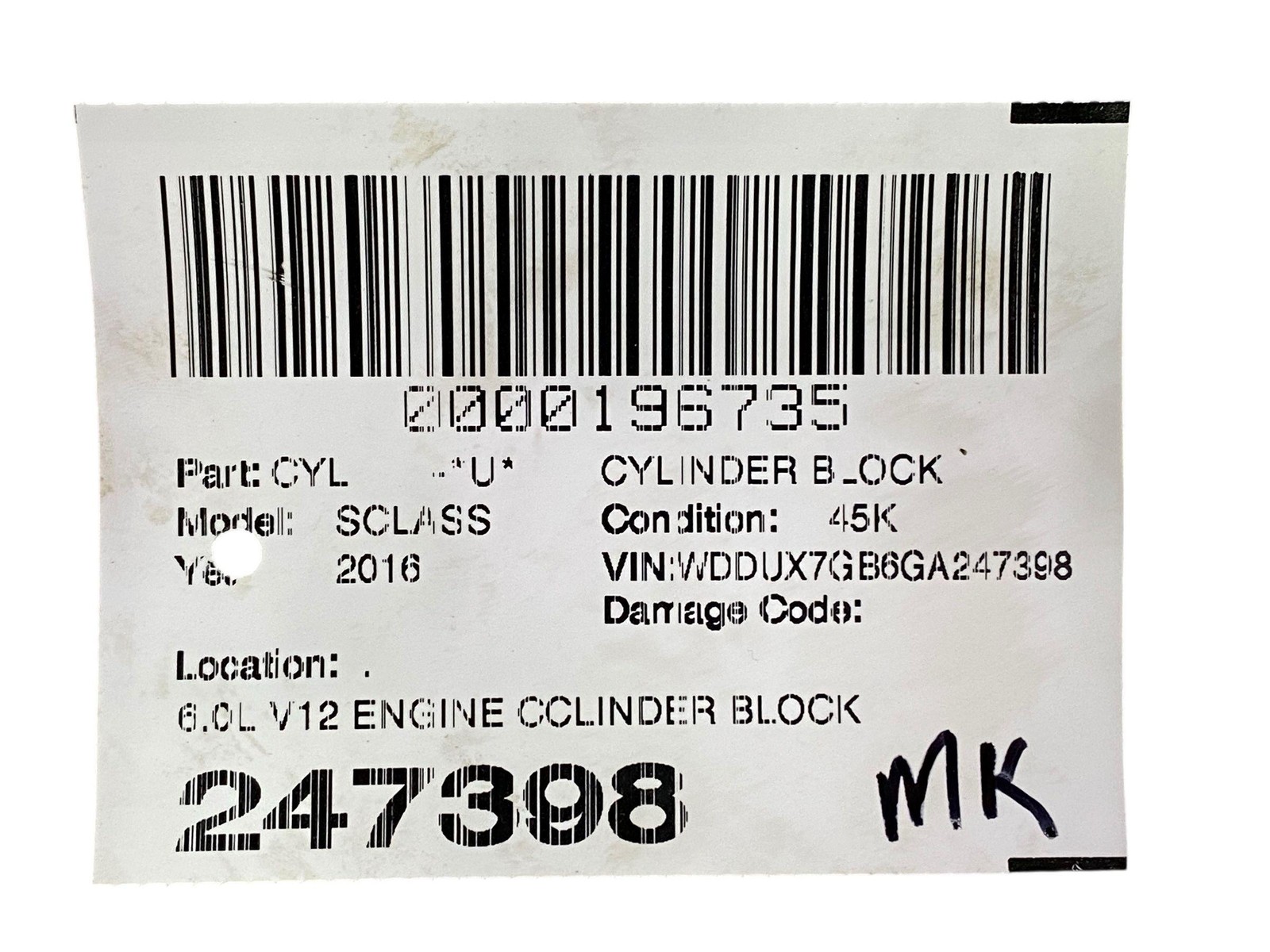 2016 MERCEDES S600 MAYBACH W222 OEM 6.0L V12 ENGINE CCLINDER BLOCK *45K MILES*