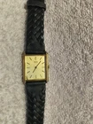 Seiko Tank Quartz Watch Men 2620-5589 Gold Dial Black Leather New Bat Works !!!