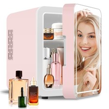 4 Liter Pink Portable Mini Fridge Skincare Beauty Cosmetic Makeup Mirrored LED