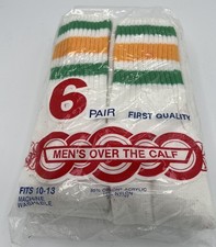 Vintage Mens Tube Socks 6 Pair Green Gold Stripe Over Calf 10-13 Orlon NOS