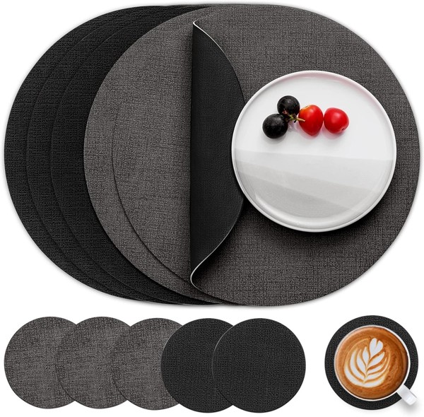 Myir Jun Tischsets Abwaschbar Leder Und Untersetzer, Grau Schwarz Ø 36Cm 6Er Set-image