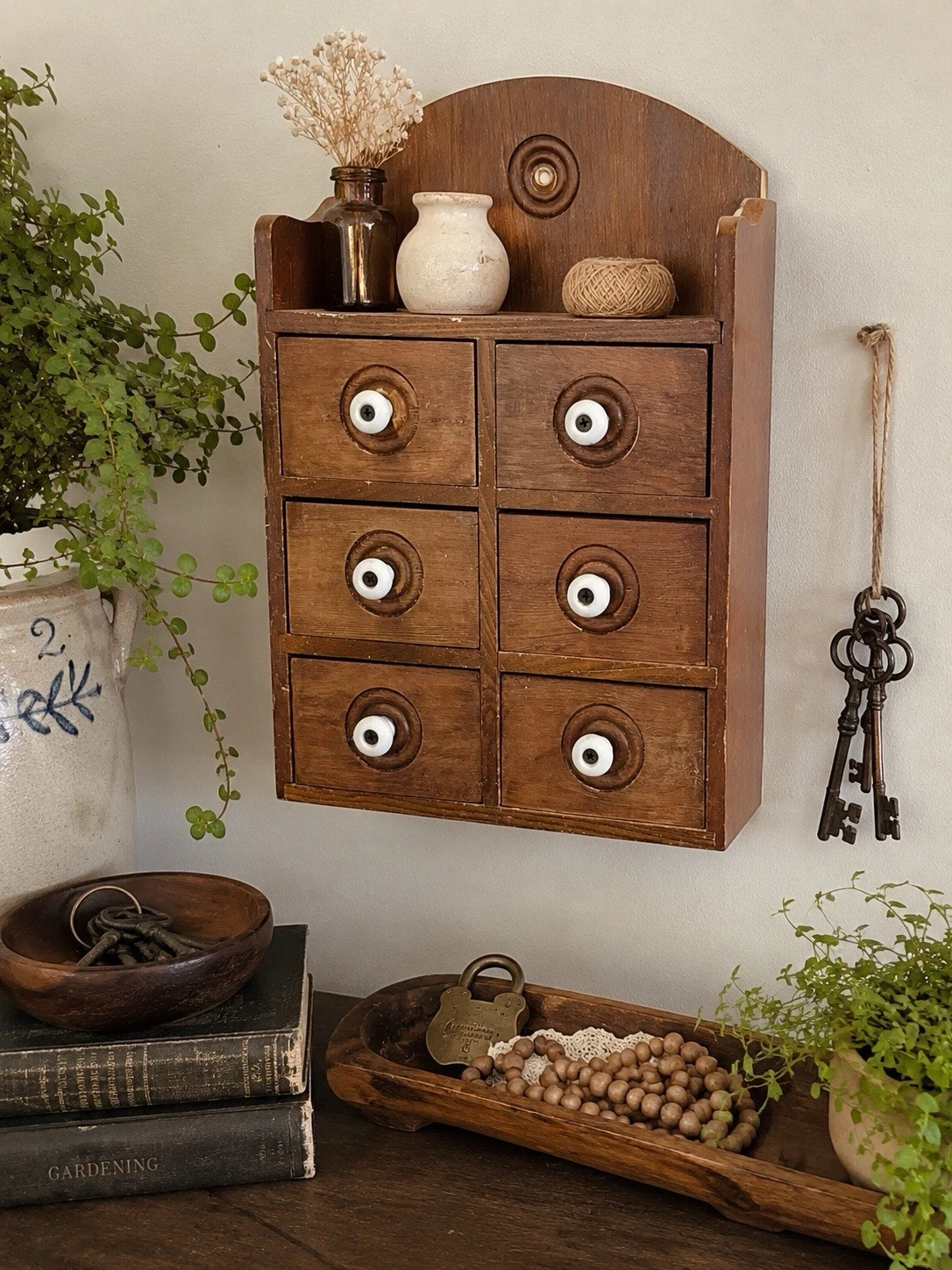 Vintage Wall Spice Apothecary Wooden Cabinet 6 Drawers Porcelain Knobs