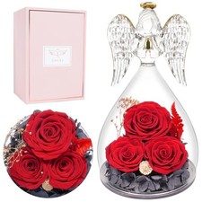 Preserved Flower Angel Rose Gifts for Women, Angel Figurines with Three 3-red