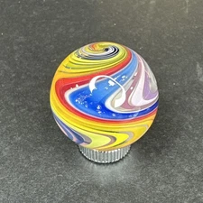 Contemporary Handmade Art Glass Marble 1.13" Rainbow With Blue, Clear Core, MIB