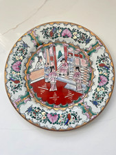 Vintage Chinese Famille Rose Porcelain Plate 10.5" Court Ladies Pavilion Hand Pa