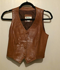 Genuine Leather Brown Leather Button Front Vest Womens , Western Wear