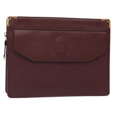 CARTIER Clutch Bag Leather Bordeaux Gold Auth 121240