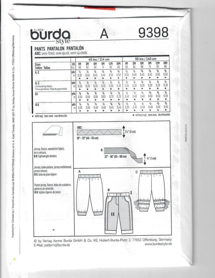 Burda Kids 9398 Sewing Pattern Pants Hem/Seam Allowances 1M-18M 3 Variations - Image 2 of 4