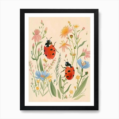 Folksy Floral Tier Zeichnung Ladybu gerahmtes Wandbild Poster Leinwanddruck Bild