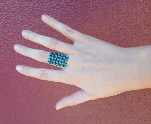 VINTAGE BEAUTY ZUNI INDIAN SILVER MULTI STONE SQUARE TURQUOISE RING SIZE 5 - Picture 2 of 5